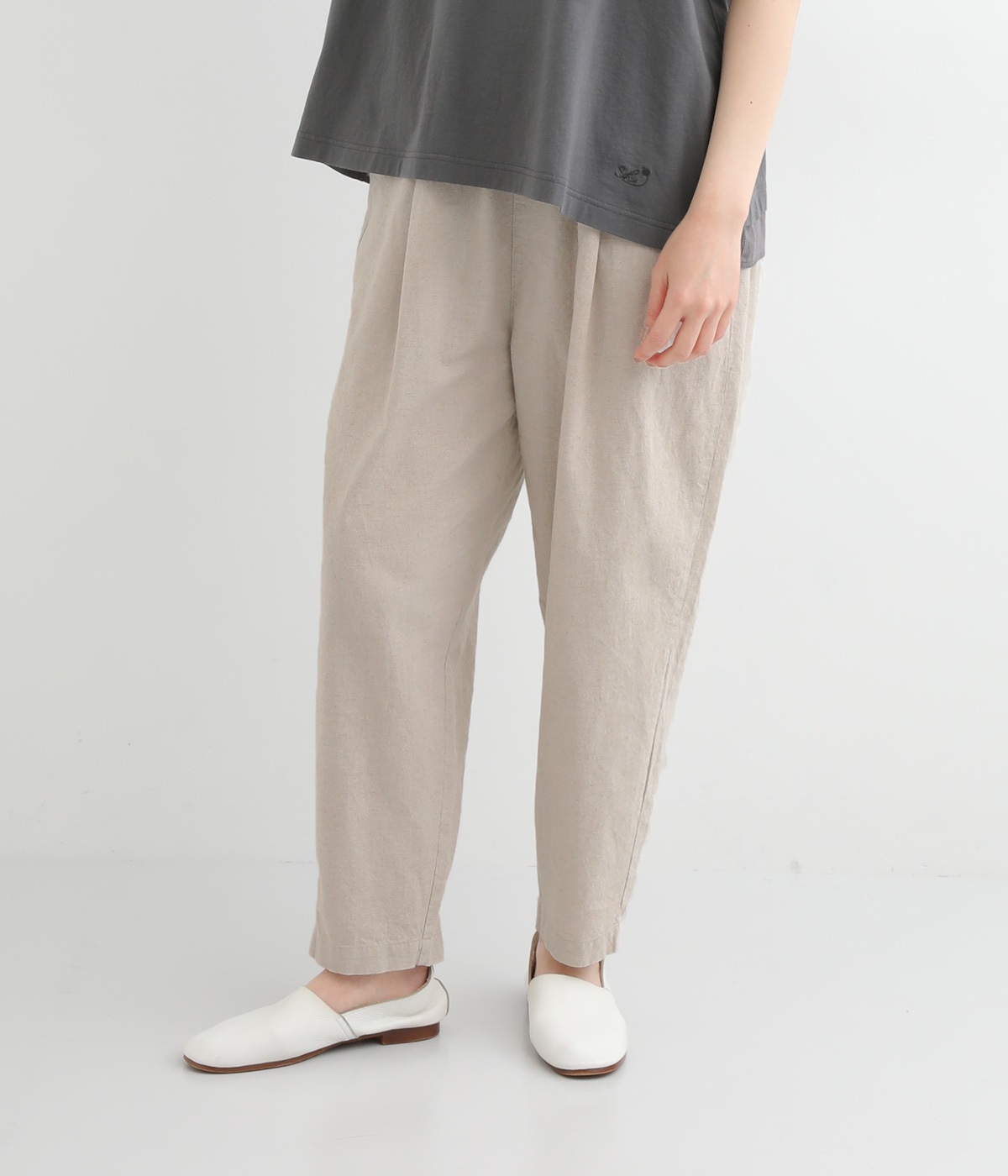 コットンリネン平織　テーパードパンツ(無地キナリ-ONESIZE)