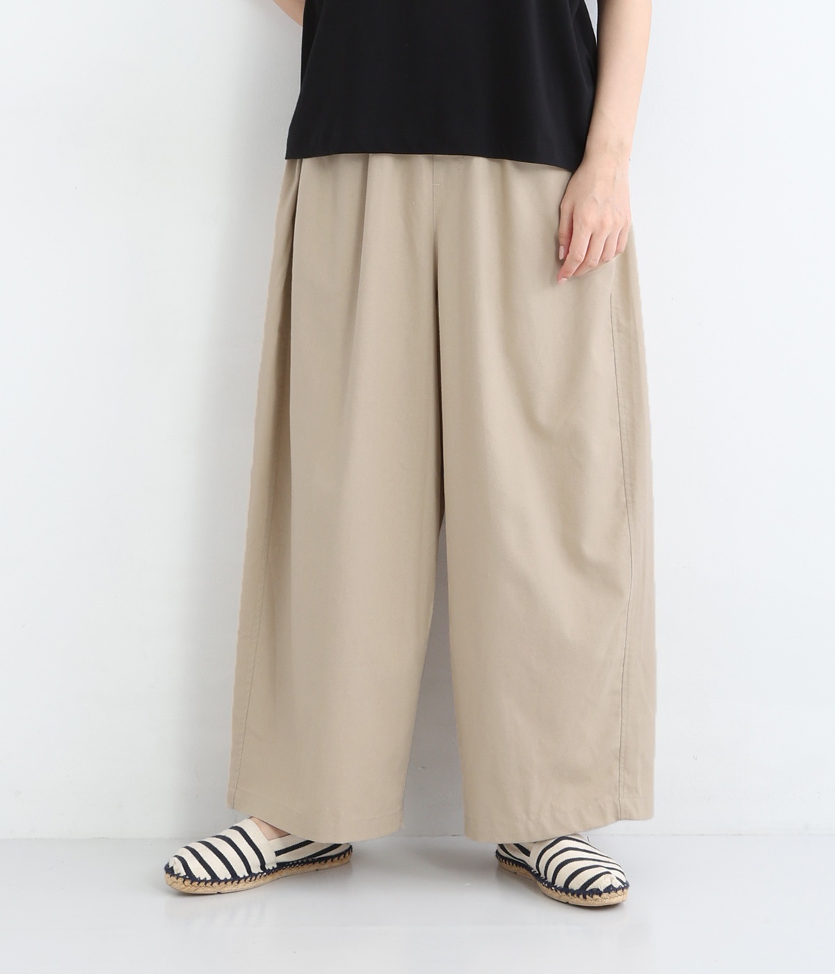 レーヨン混コットンリネン平織ワイドパンツ(ベージュ-ONESIZE)