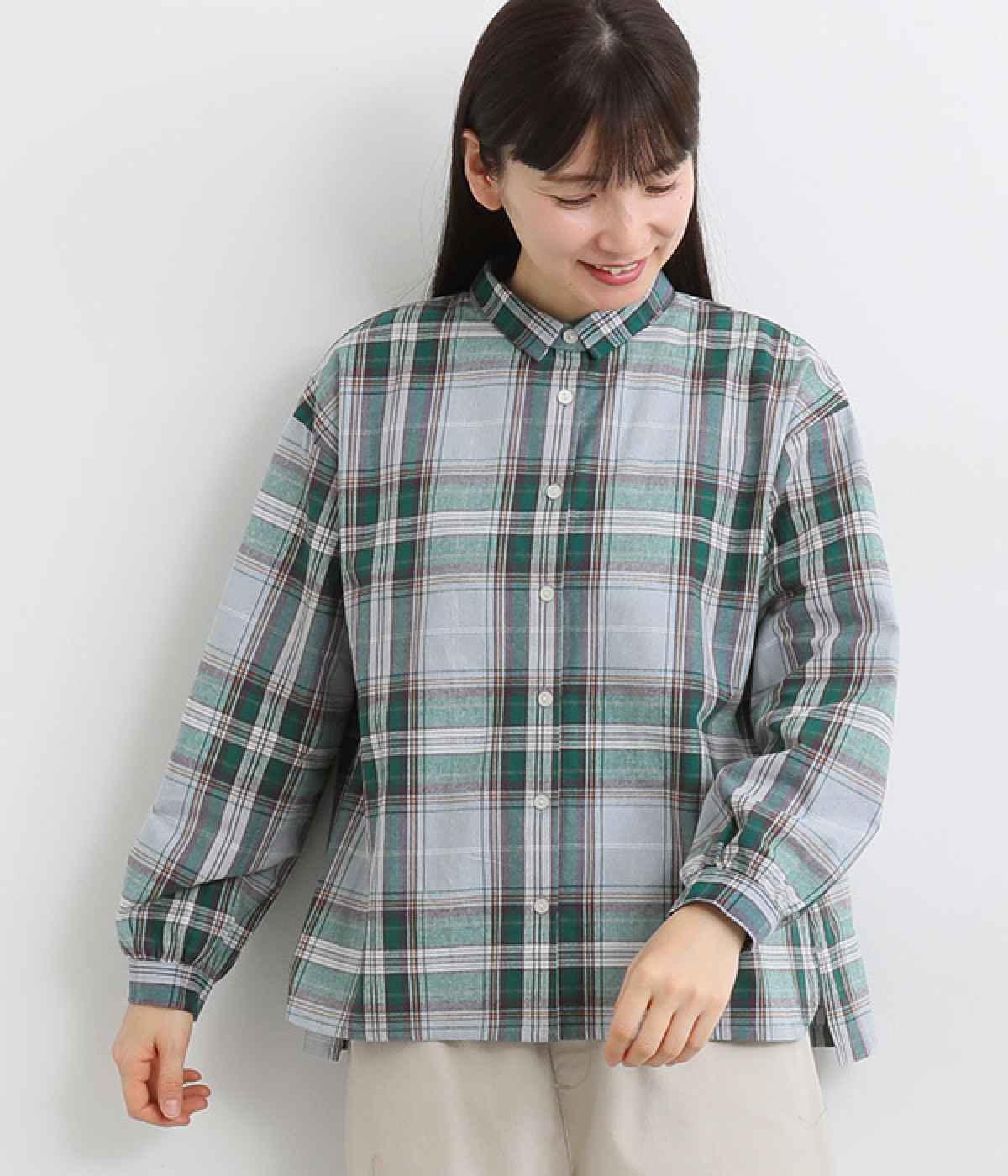 コットン平織チェック柄シャツ(グリーンブルー-ONESIZE)