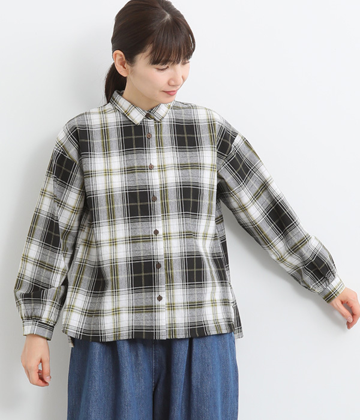 コットン平織チェック柄シャツ(スミクロ-ONESIZE)