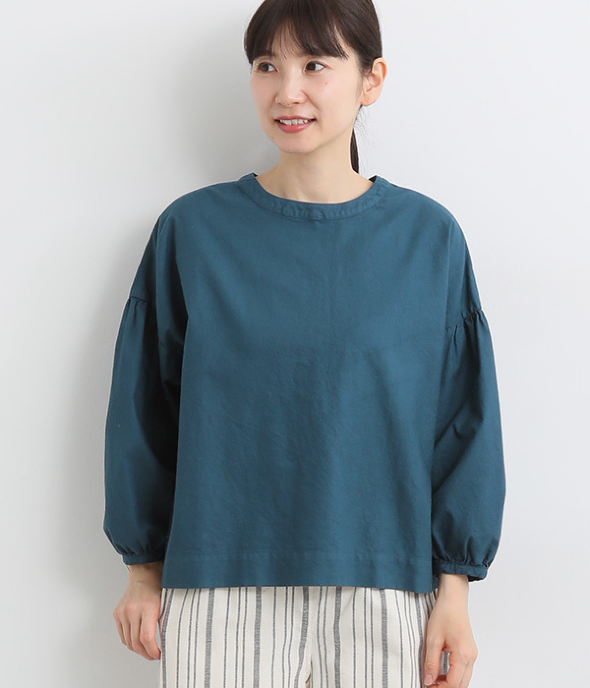 コットンオックス日本製品染め2wayパフスリーブブラウス(ブルーグリーン-ONESIZE)