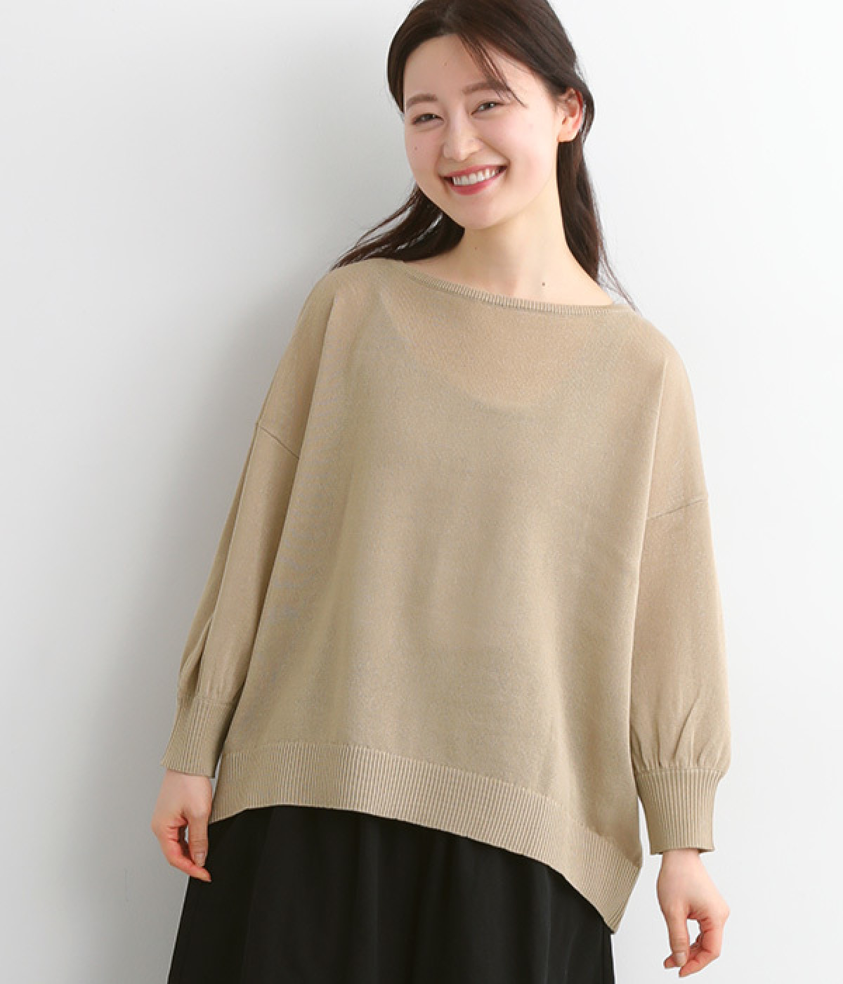 アクリルポリエステルペーパータッチヤーン天竺編み8分袖ニット(ベージュ-ONESIZE)