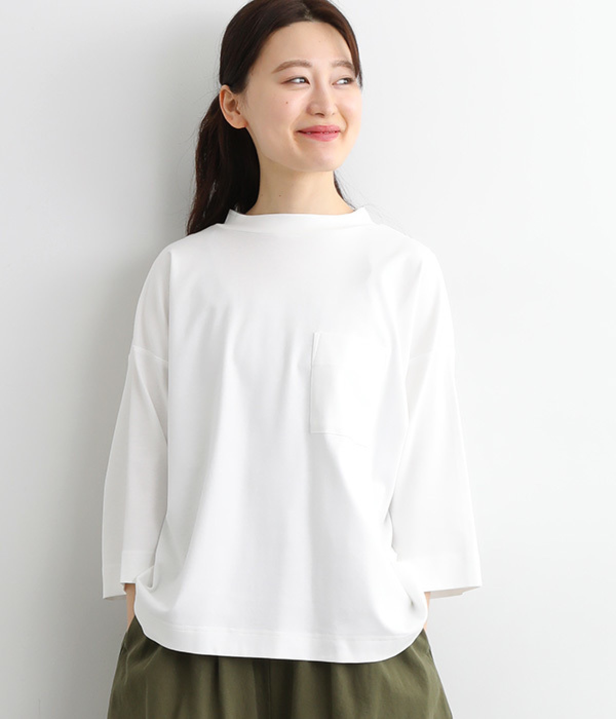 【tukuroi by SUN VALLEY】コットンスムースシルケット7分袖ポケットTシャツ(オフホワイト-ONESIZE)