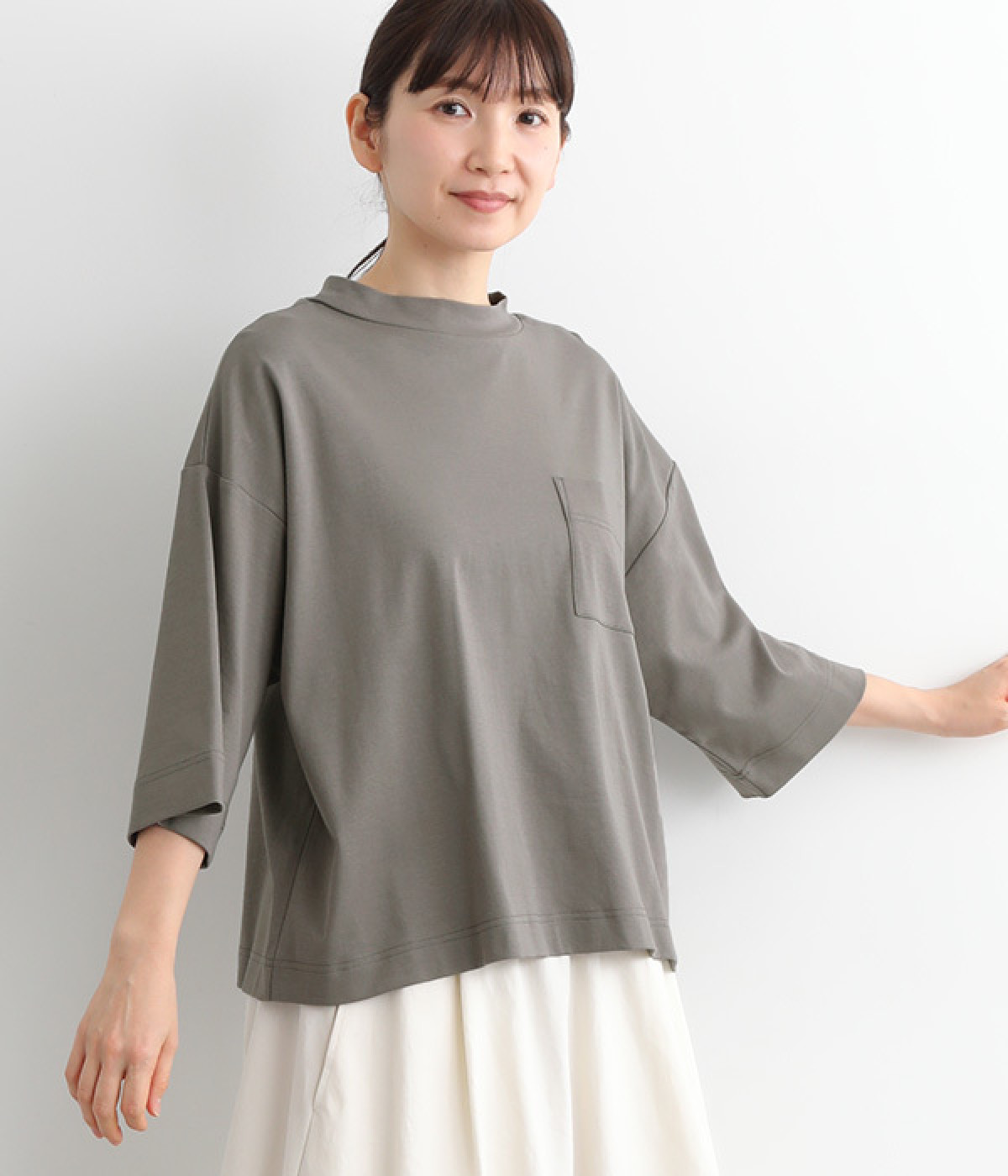 【tukuroi by SUN VALLEY】コットンスムースシルケット7分袖ポケットTシャツ(グレー-ONESIZE)