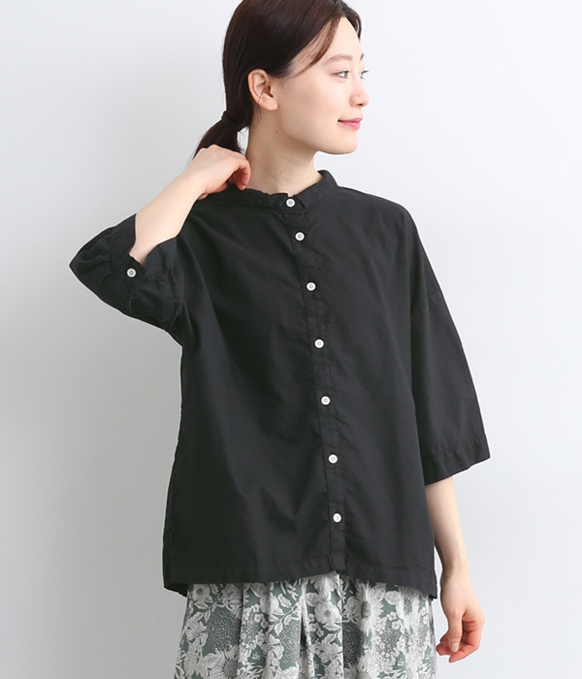 コットンオックス日本製品染6分袖シャツ(ブラック-ONESIZE)
