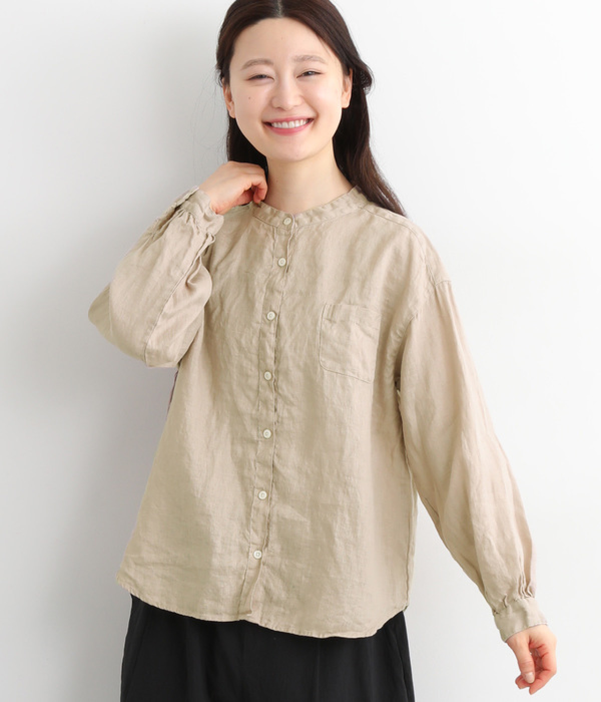 リネン平織日本製品染胸ポケット付きシャツ(グレージュ-ONESIZE)