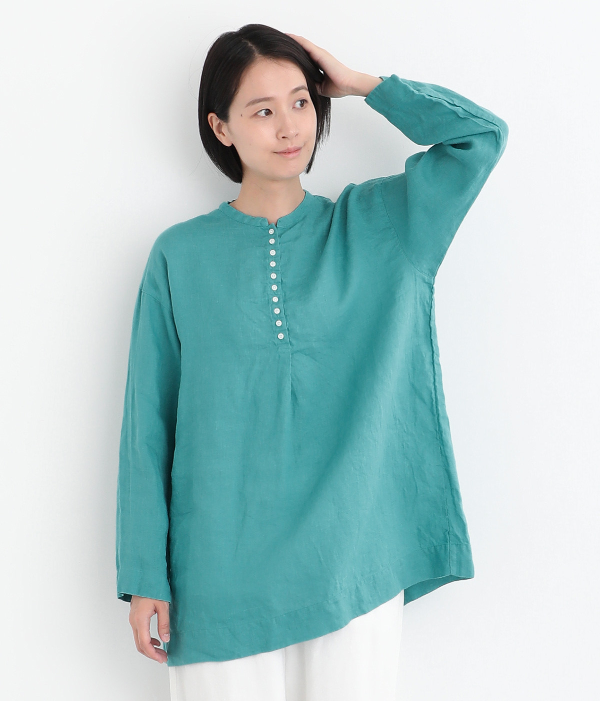 リネン平織日本製品染多釦シャツチュニック(ターコイズ-ONESIZE)