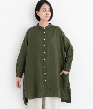 リネン平織日本製品染　ギャザーワイドチュニック(カーキ-ONESIZE)