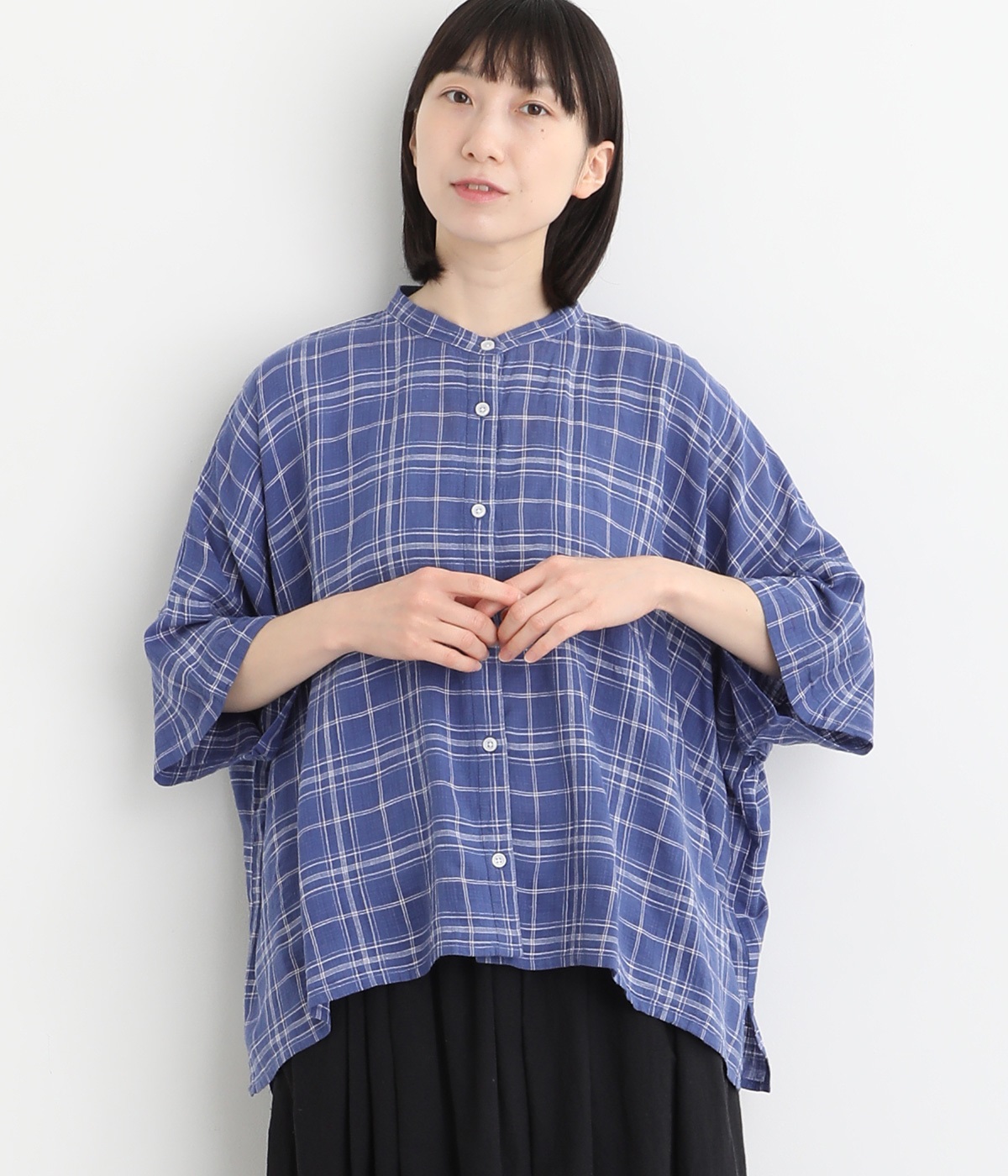 コットンリネンレーヨン織柄チェック柄ワイドブラウス(ブルー-ONESIZE)