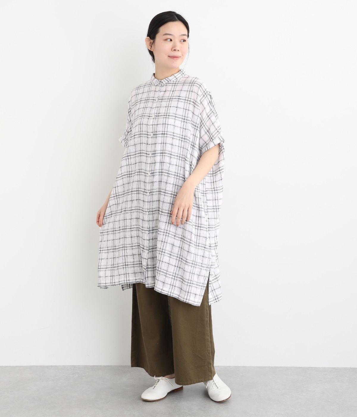 コットンリネンレーヨン織柄 チェック柄チュニック(ホワイト-ONESIZE)