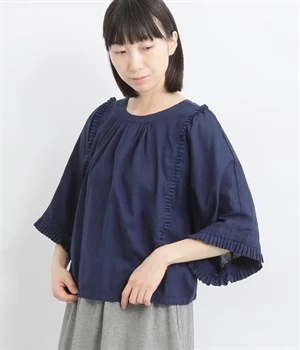 【tukuroi by SUN VALLEY】コットンリネン平織日本製品染　6分袖フリルブラウス