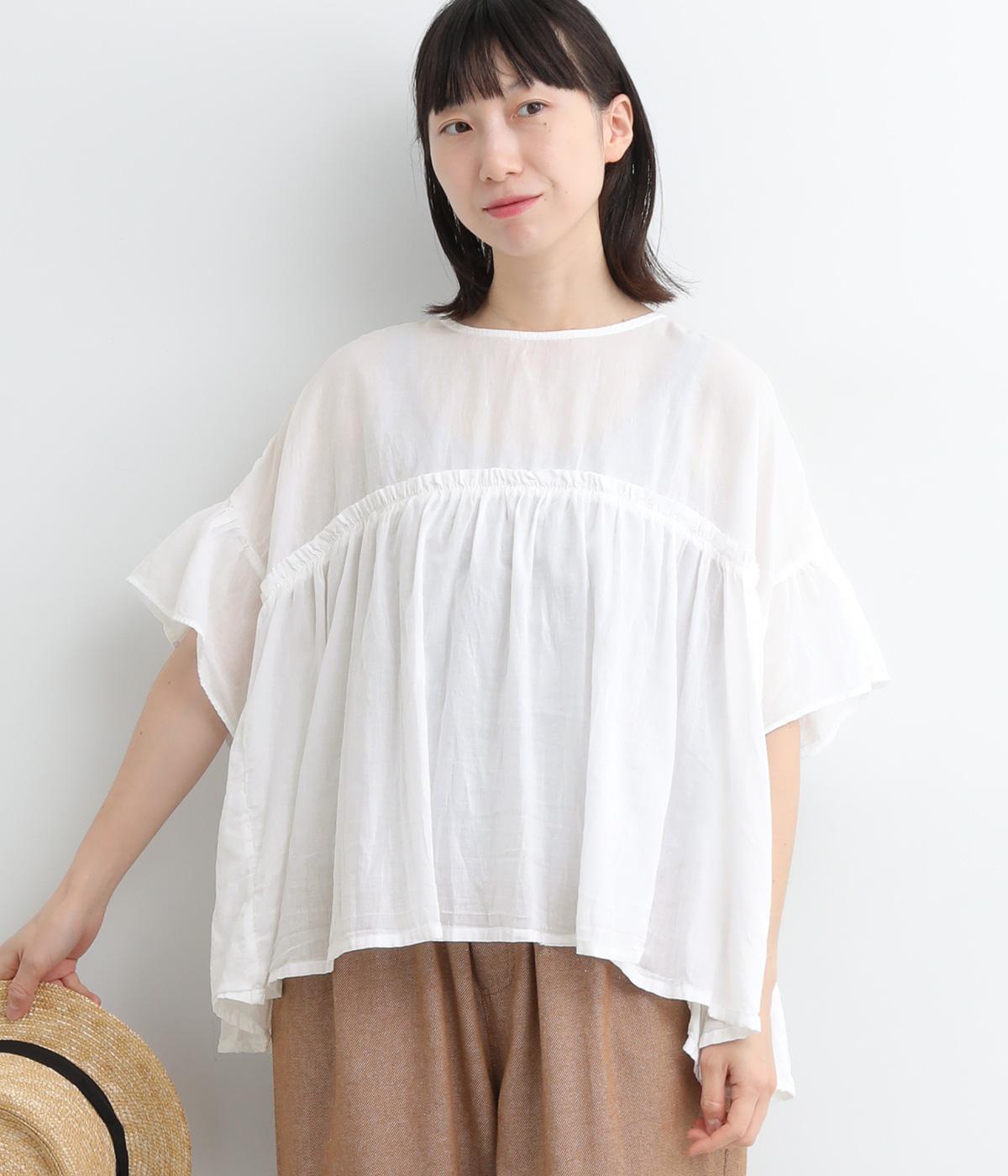 コットンボイル日本製品染5分袖フリルギャザーブラウス(シロ-ONESIZE)