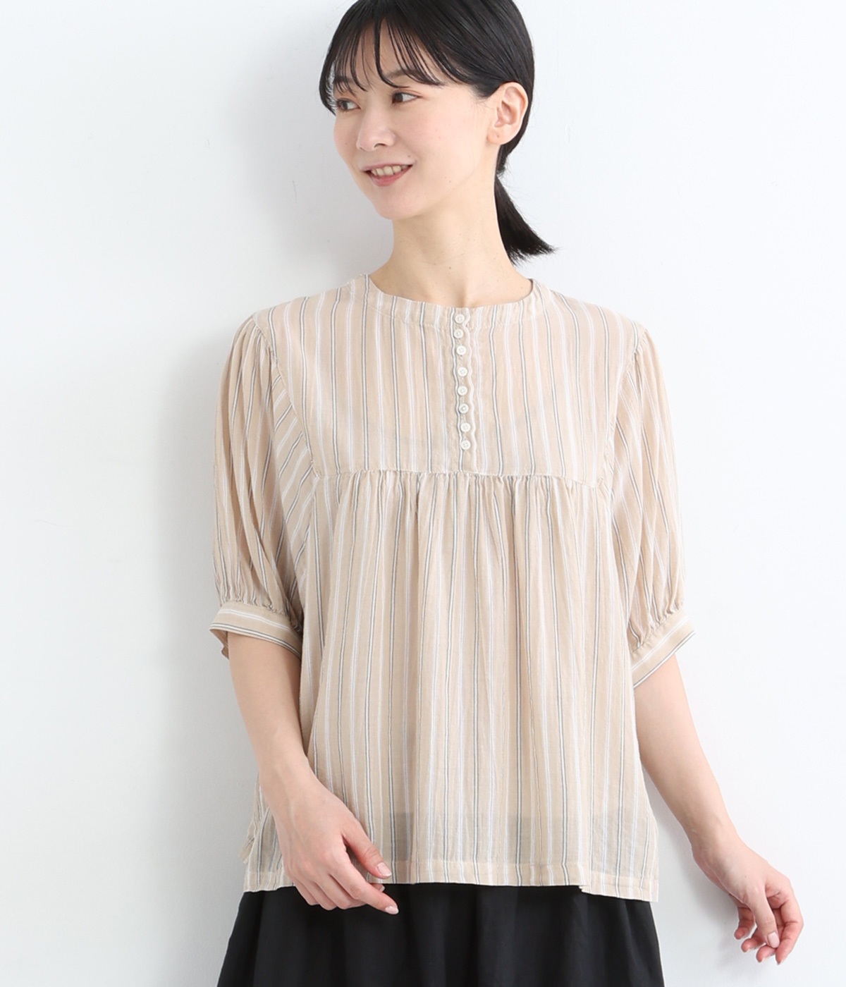 コットンガーゼストライプ5分袖多釦ブラウス(ベージュ-ONESIZE)
