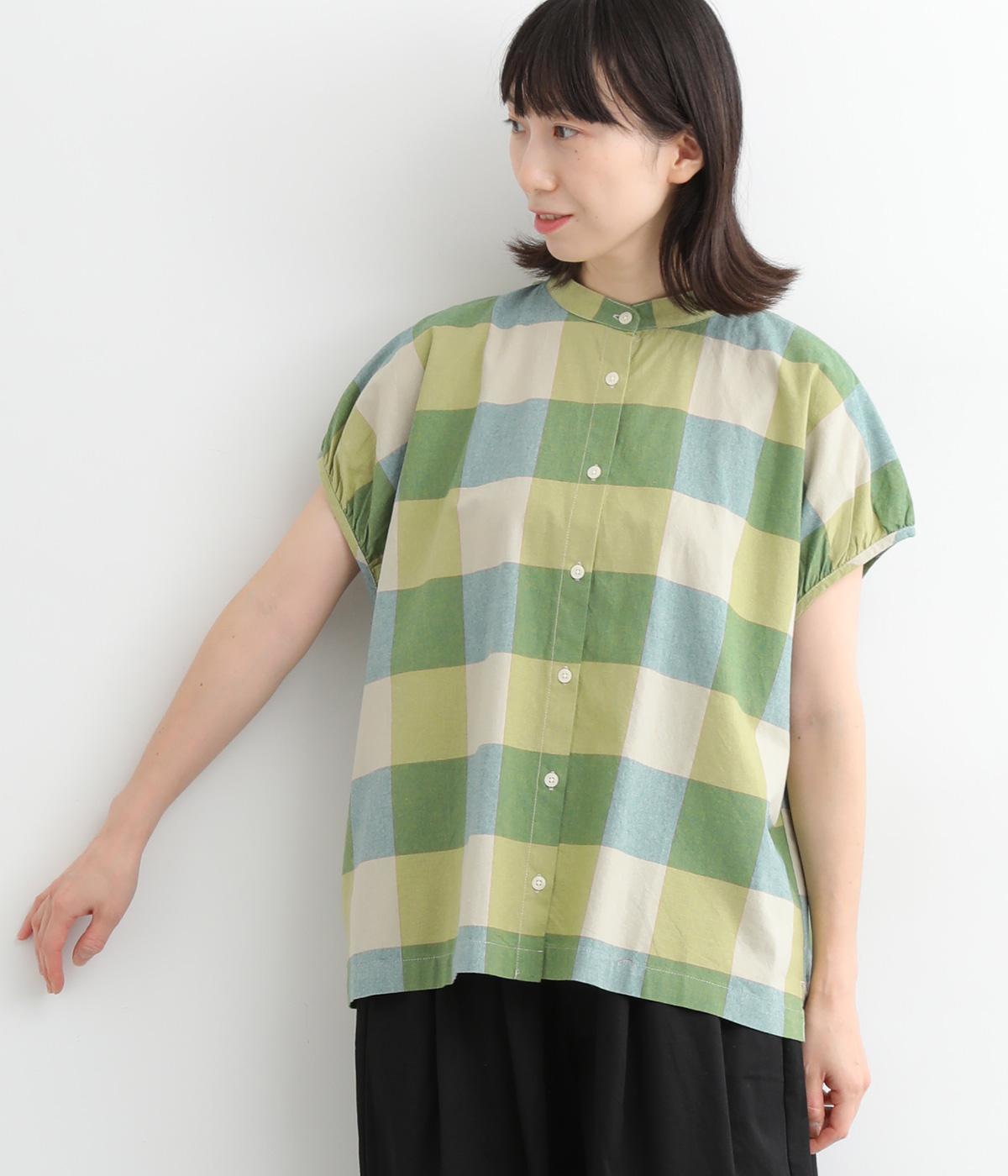 コットン平織ブロックチェックブラウス(ピスタチオ-ONESIZE)