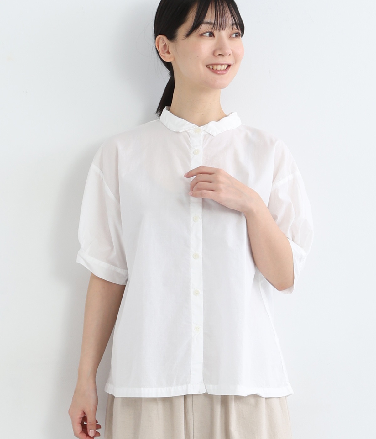 コットンローン日本製品染5分袖ブラウス(オフシロ-ONESIZE)