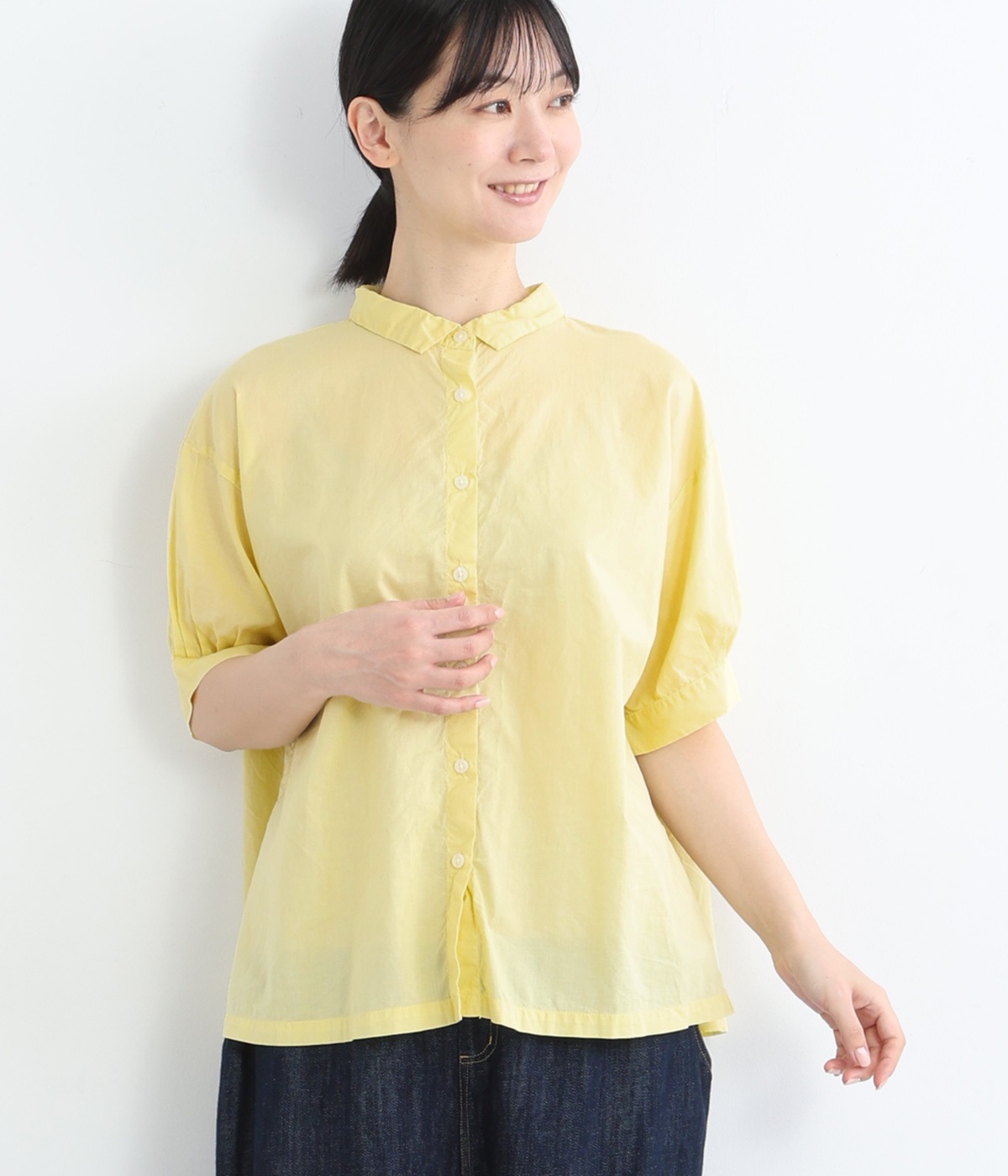 コットンローン日本製品染5分袖ブラウス(レモンイエロー-ONESIZE)