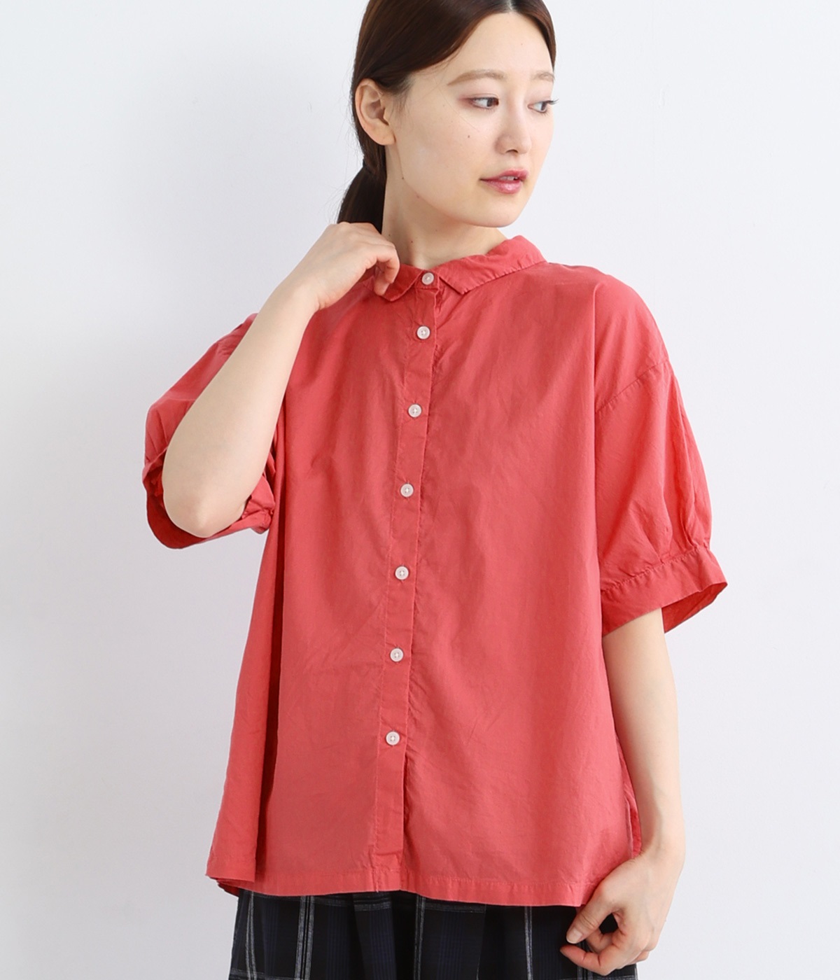 コットンローン日本製品染5分袖ブラウス(カメリアピンク-ONESIZE)