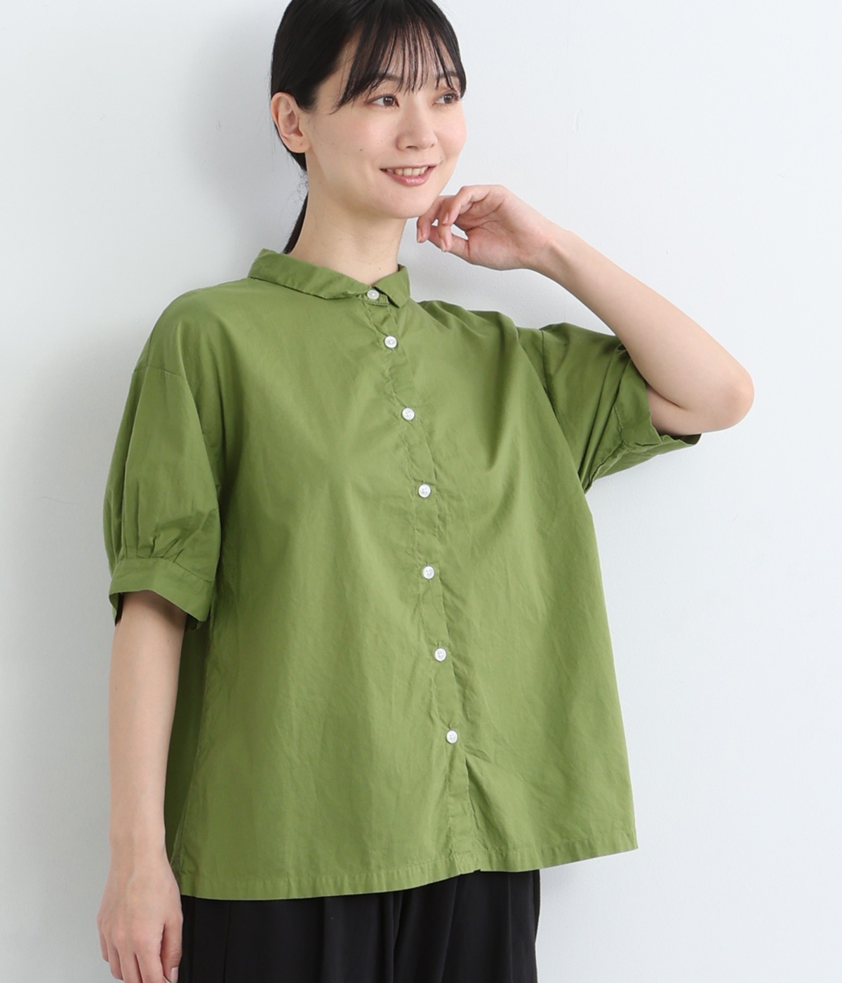 コットンローン日本製品染5分袖ブラウス(グラスグリーン-ONESIZE)