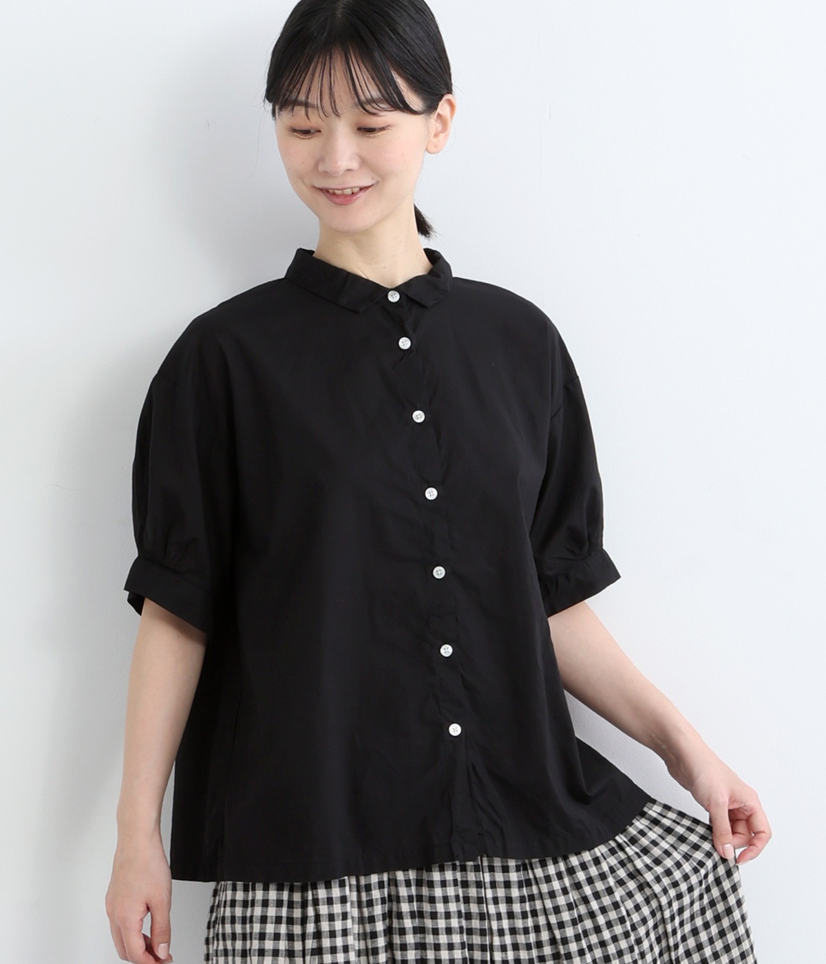 コットンローン日本製品染5分袖ブラウス(スミクロ-ONESIZE)
