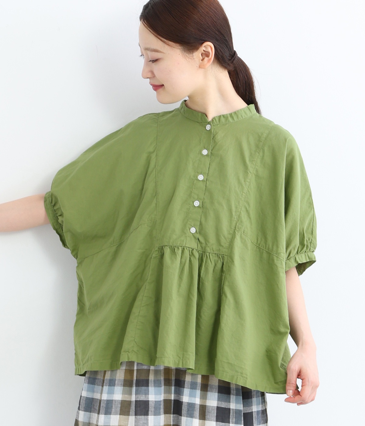 コットンローン日本製品染ドルマンワイドブラウス(グラスグリーン-ONESIZE)