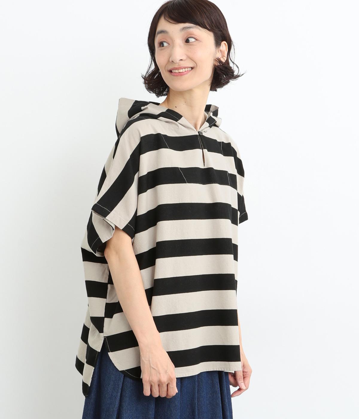 コットン織柄ボーダーワイドフーディー(クロ-ONESIZE)