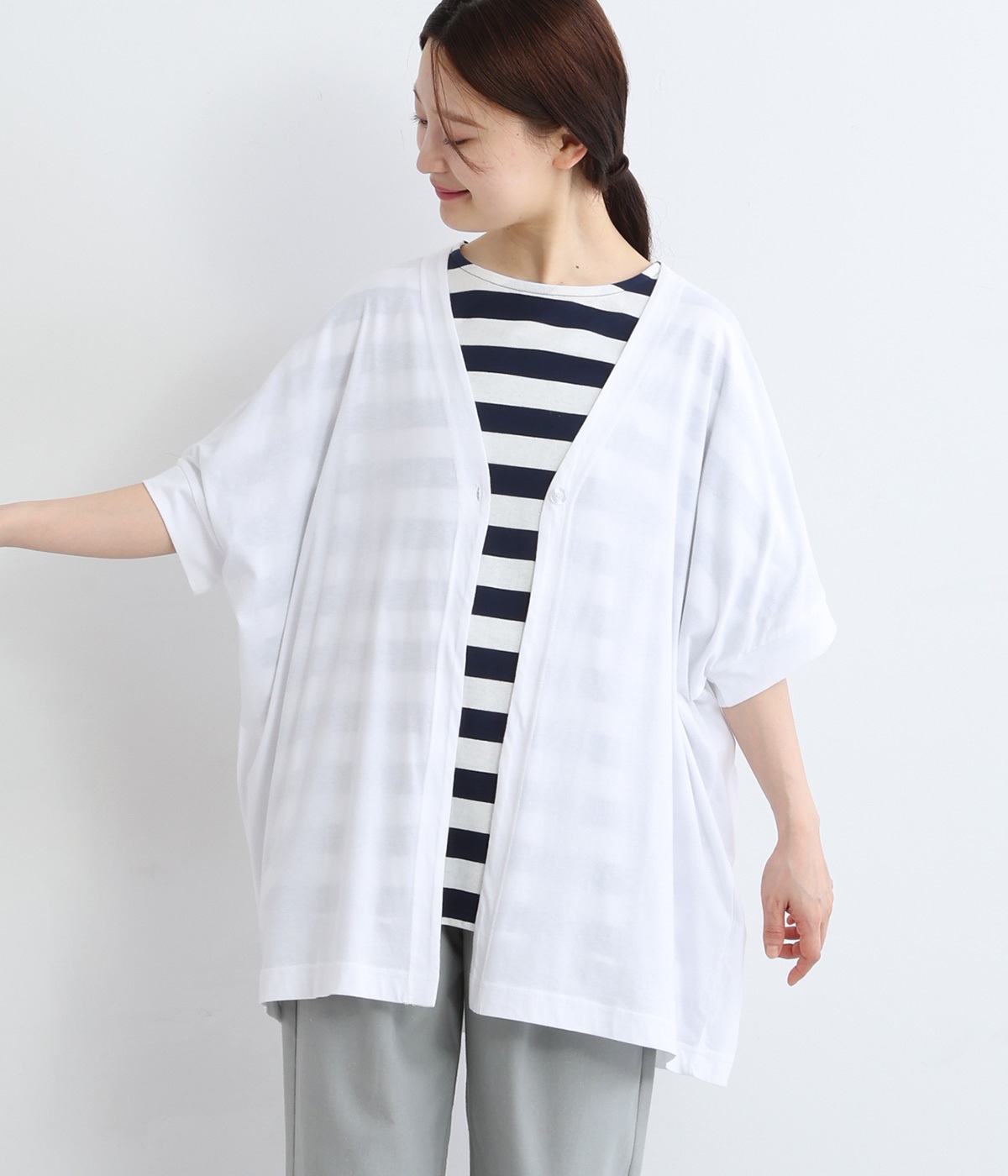コットン天竺ワイドカーディガン(シロ-ONESIZE)
