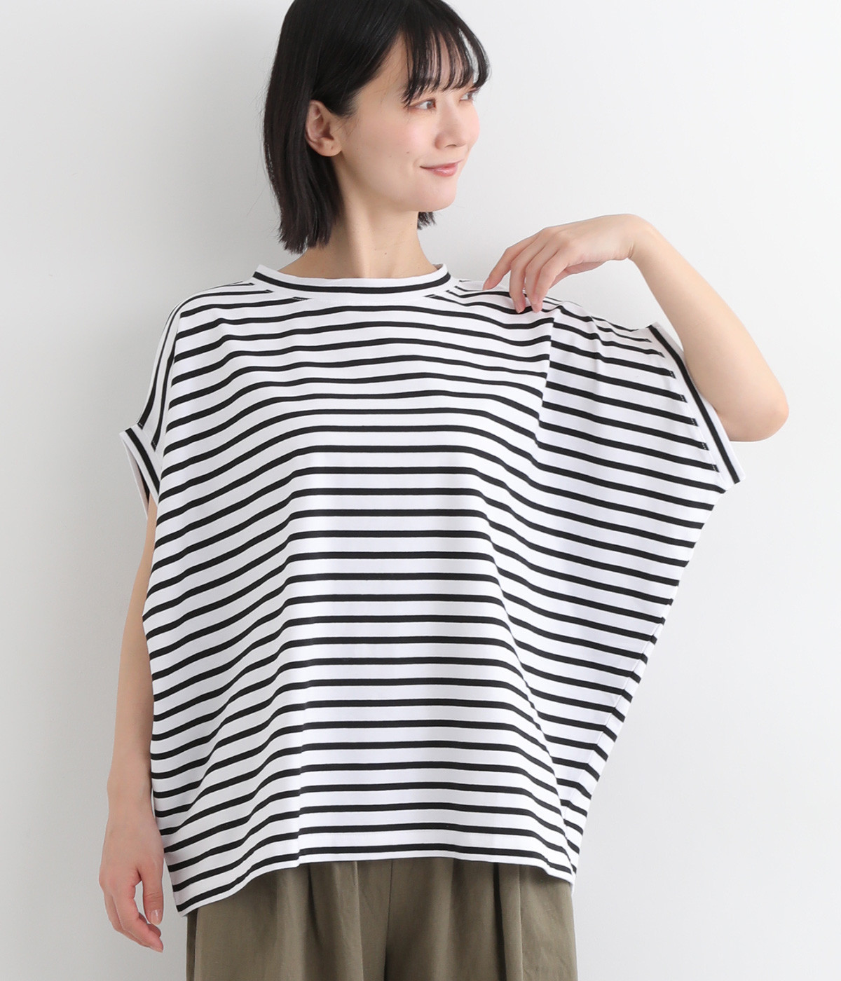 コットンストレッチ天竺ボーダー　ワイドプルオーバー(シロ×クロ-ONESIZE)