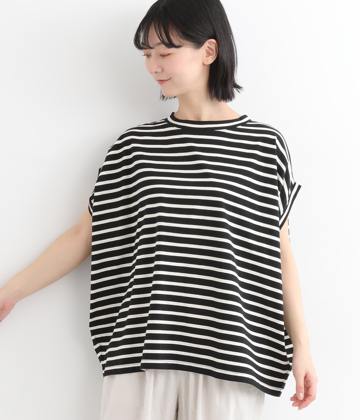 コットンストレッチ天竺ボーダー　ワイドプルオーバー(クロ×アイボリー-ONESIZE)