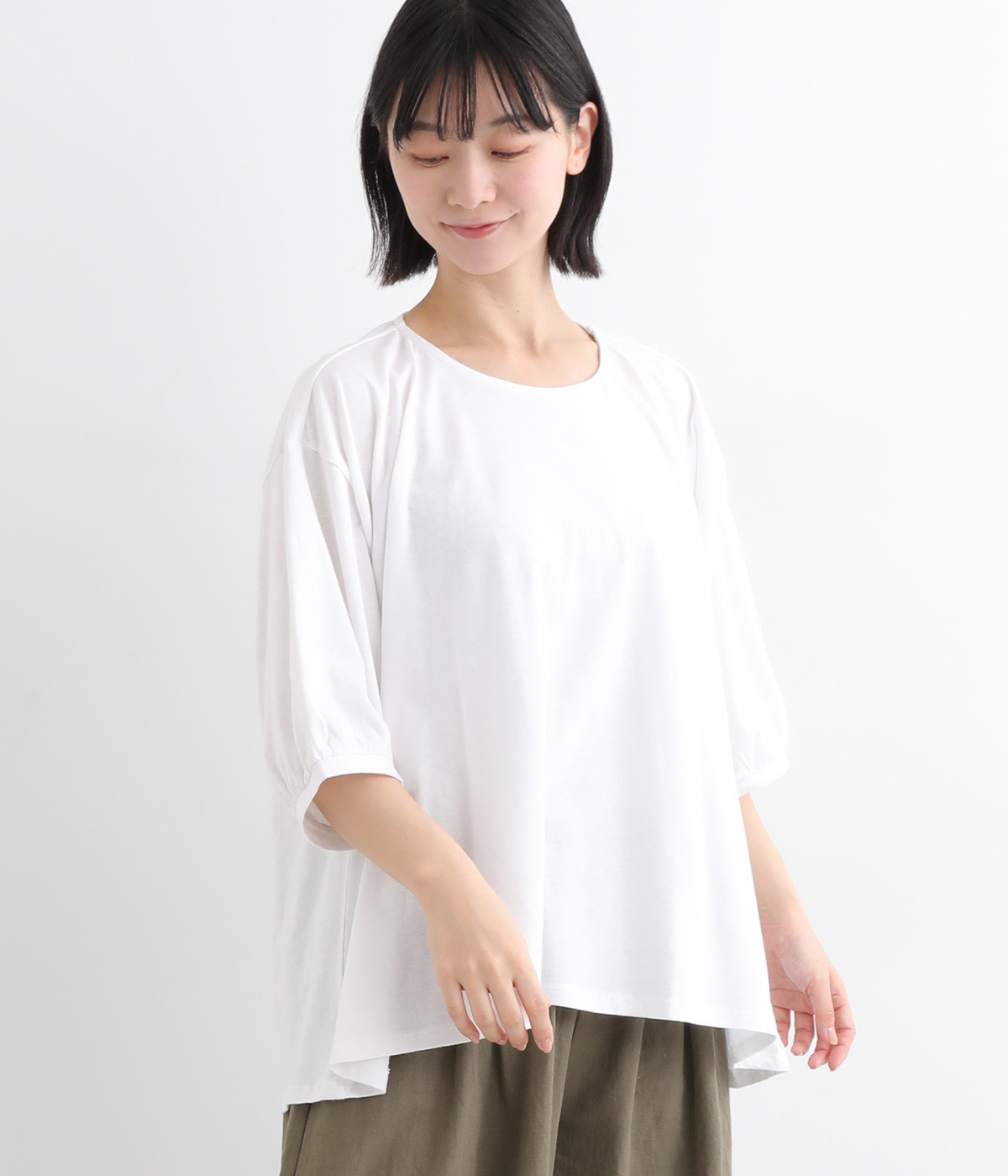 コットンリネン天竺　6分袖ワイドスリーブプルオーバー(シロ-ONESIZE)