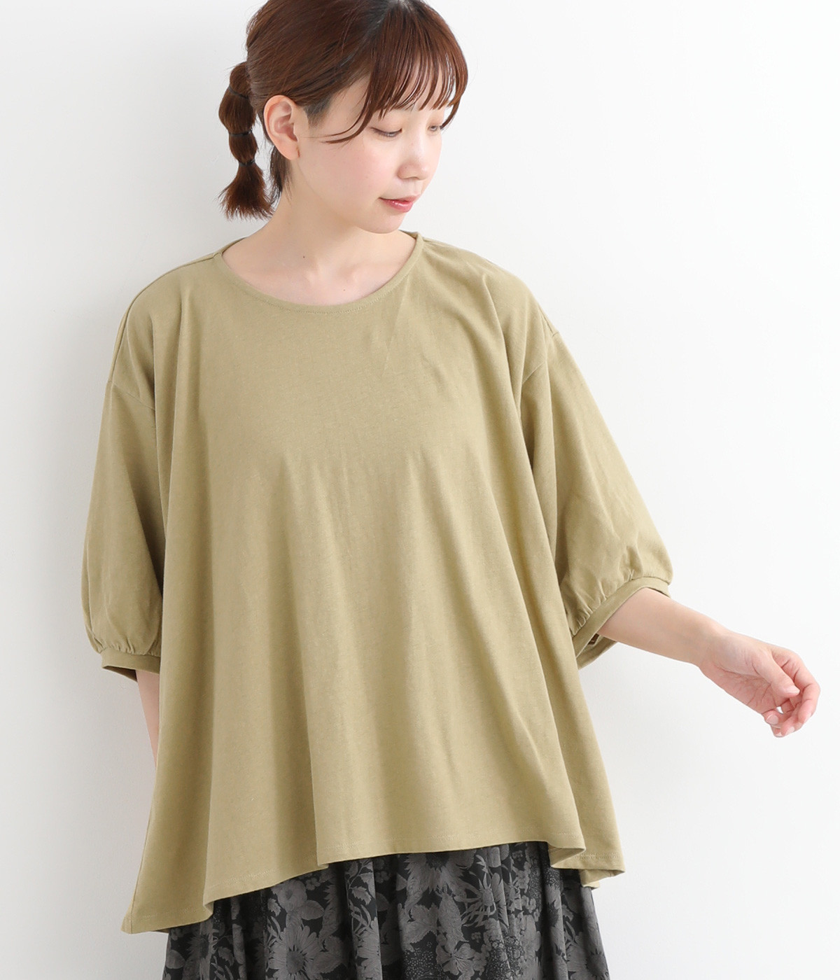 コットンリネン天竺　6分袖ワイドスリーブプルオーバー(オリーブイエロー-ONESIZE)