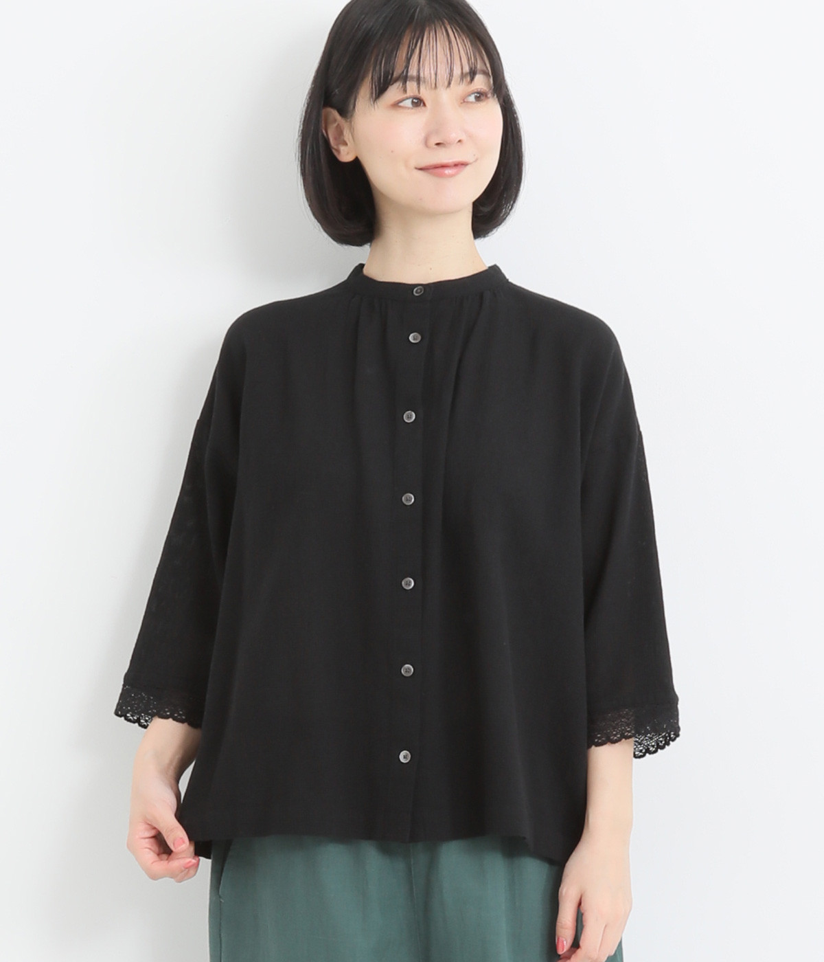 リネンブレンドからみ織レースブラウス(ブラック-ONESIZE)