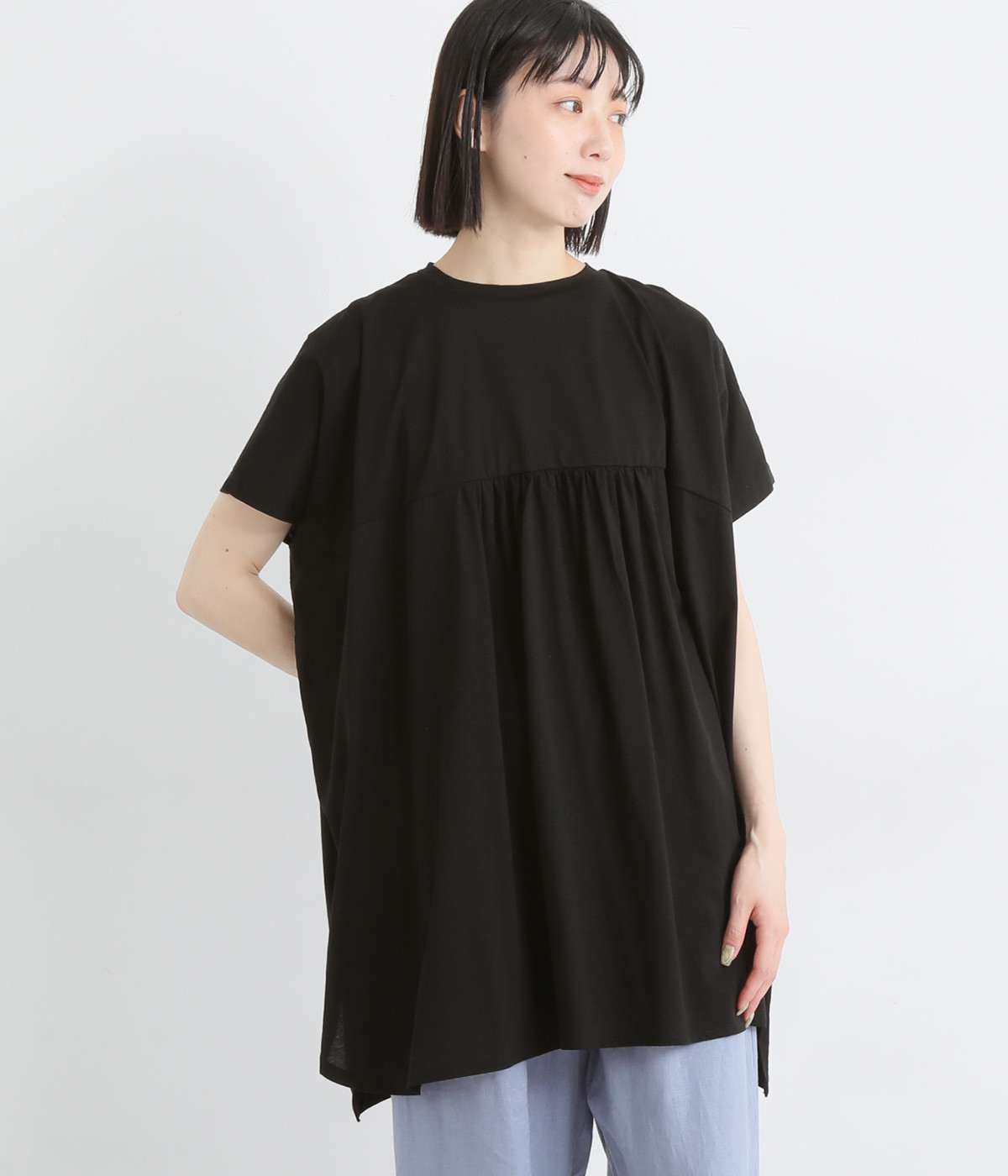 【tukuroi by SUN VALLEY】コットンシルケット天竺　切替えギャザーワイドチュニック(クロ-ONESIZE)