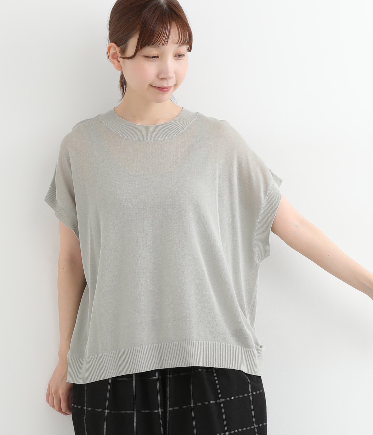 リネンライクアクリルニット接触冷感　プルオーバー(ミント-ONESIZE)