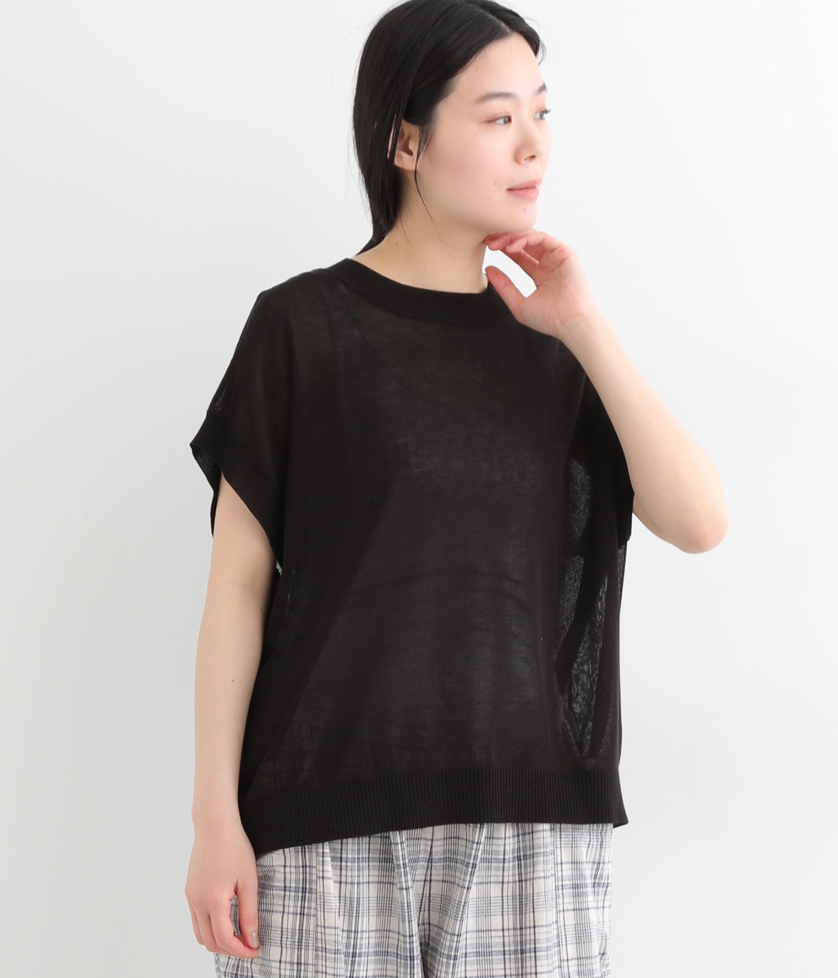 リネンライクアクリルニット接触冷感　プルオーバー(クロ-ONESIZE)