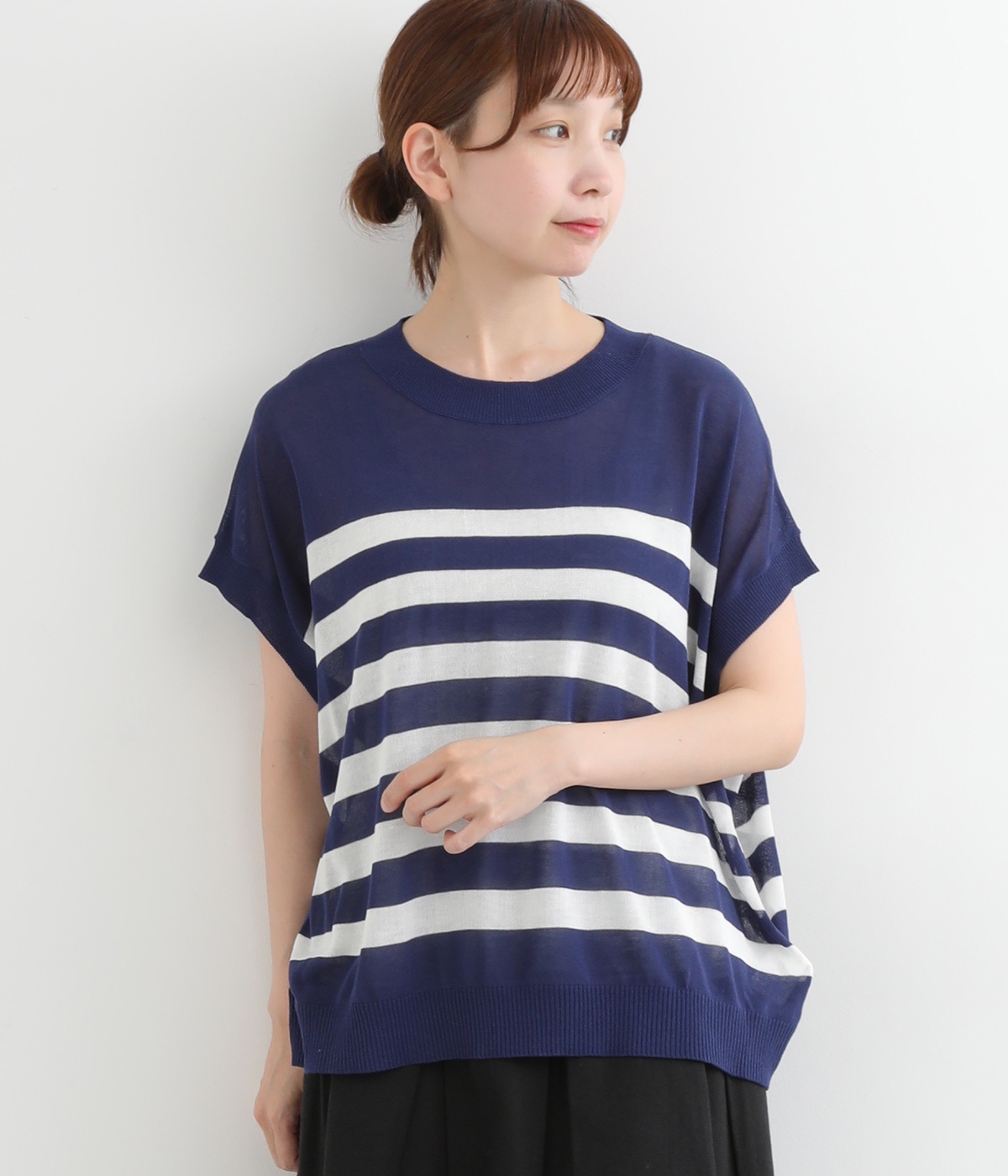 リネンライクアクリルニット接触冷感　プルオーバー(ボーダーブルー×シロ-ONESIZE)