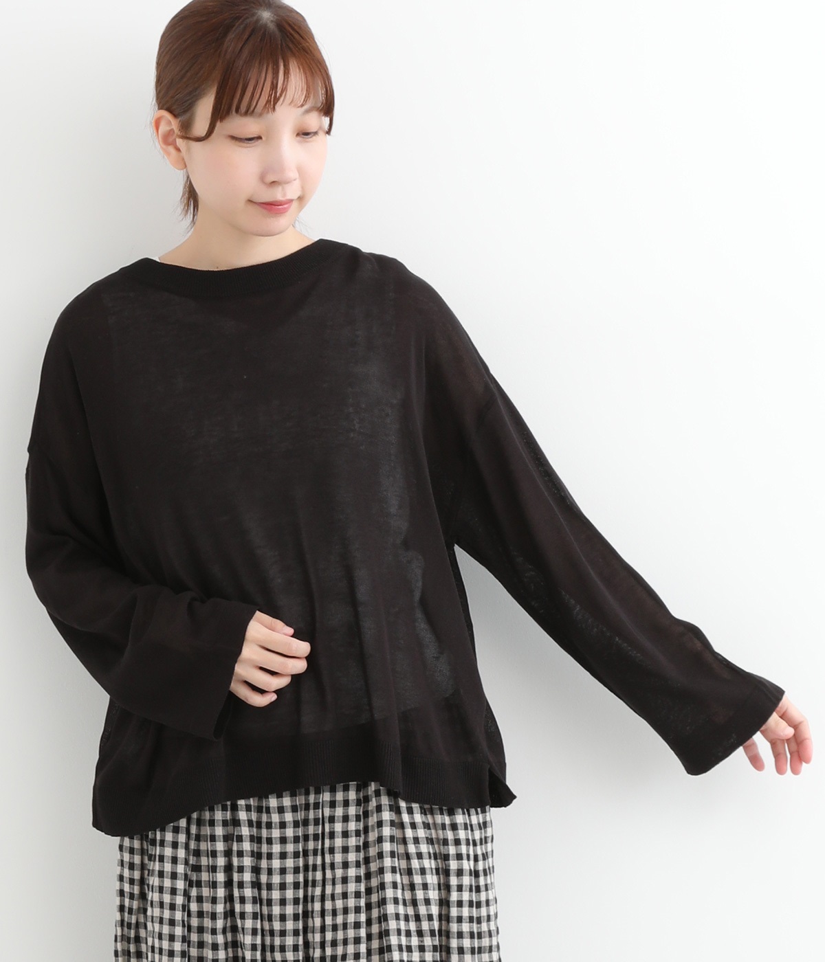 リネンライクアクリルニット接触冷感　2wayプルオーバー(クロ-ONESIZE)