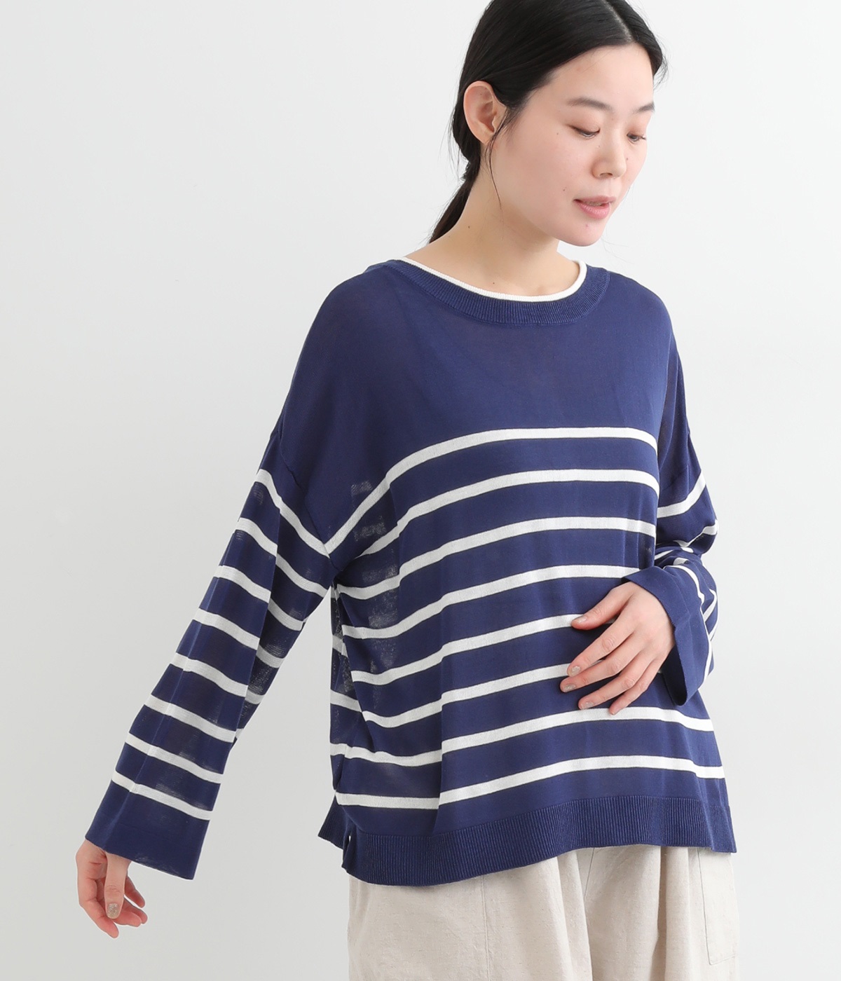 リネンライクアクリルニット接触冷感　2wayプルオーバー(ボーダーブルー×シロ-ONESIZE)