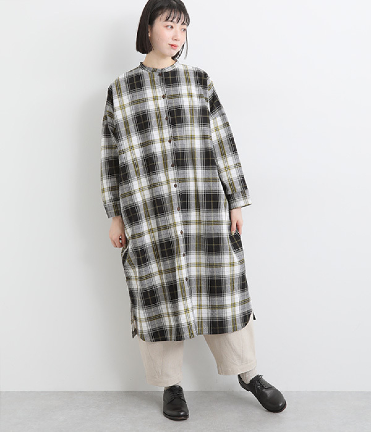 コットン平織チェック柄シャツワンピース(スミクロ-ONESIZE)