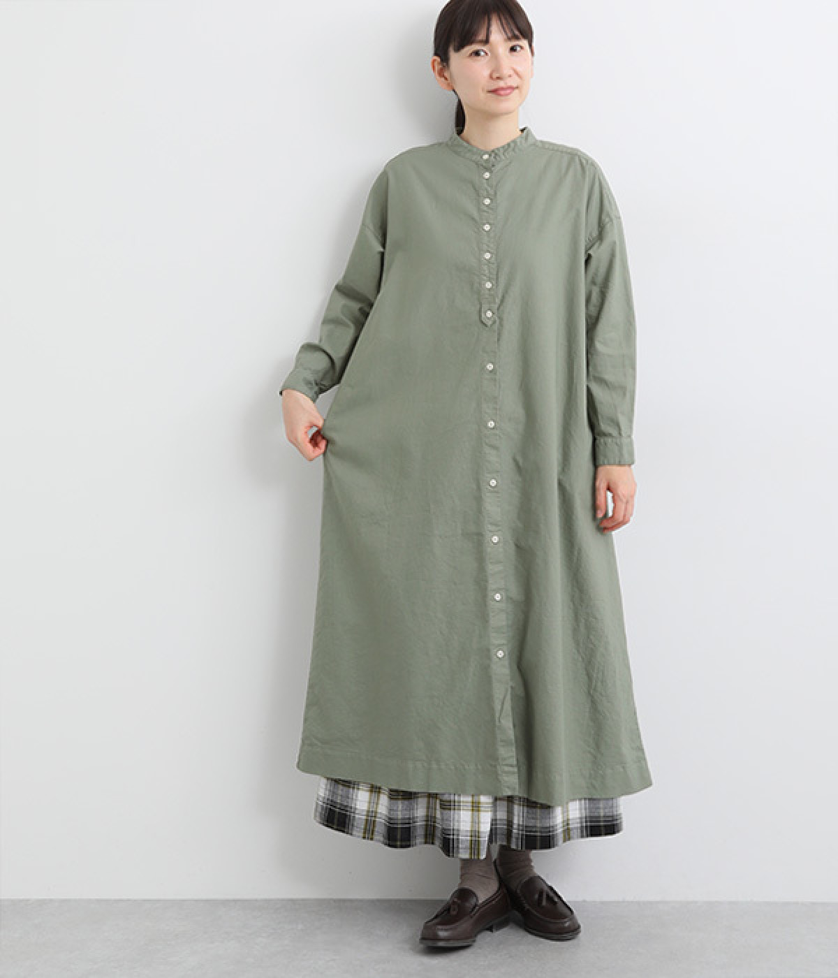コットンオックス日本製品染めシャツワンピース(クラウドカーキ-ONESIZE)