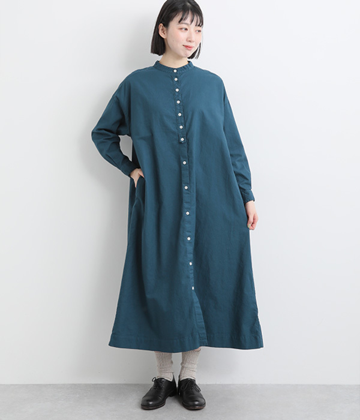 コットンオックス日本製品染めシャツワンピース(ブルーグリーン-ONESIZE)