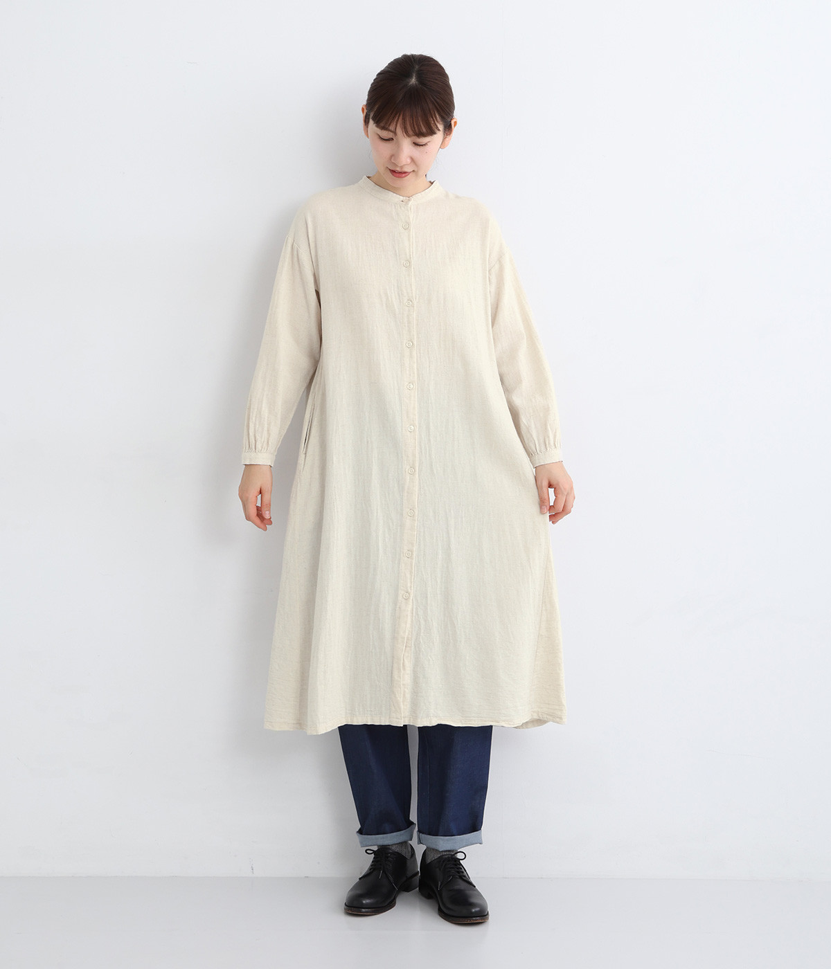 コットンリネン綾織前開きシャツワンピース(ダンガリーキナリ-ONESIZE)