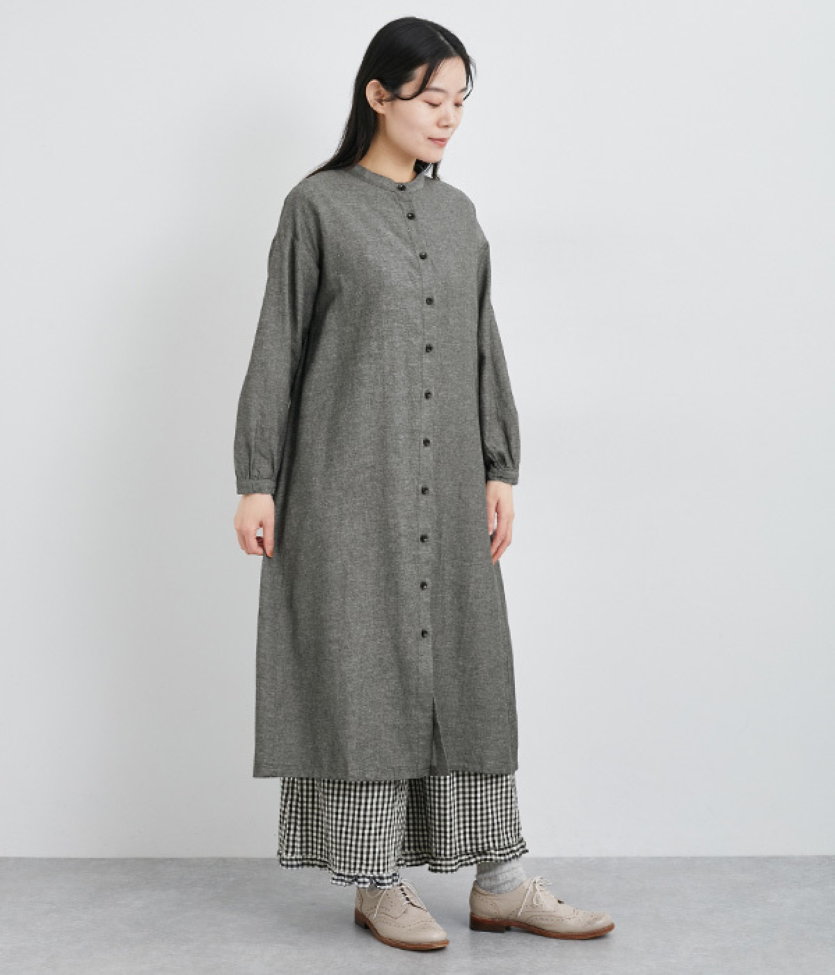 コットンリネン綾織前開きシャツワンピース(ダンガリーチェック-ONESIZE)