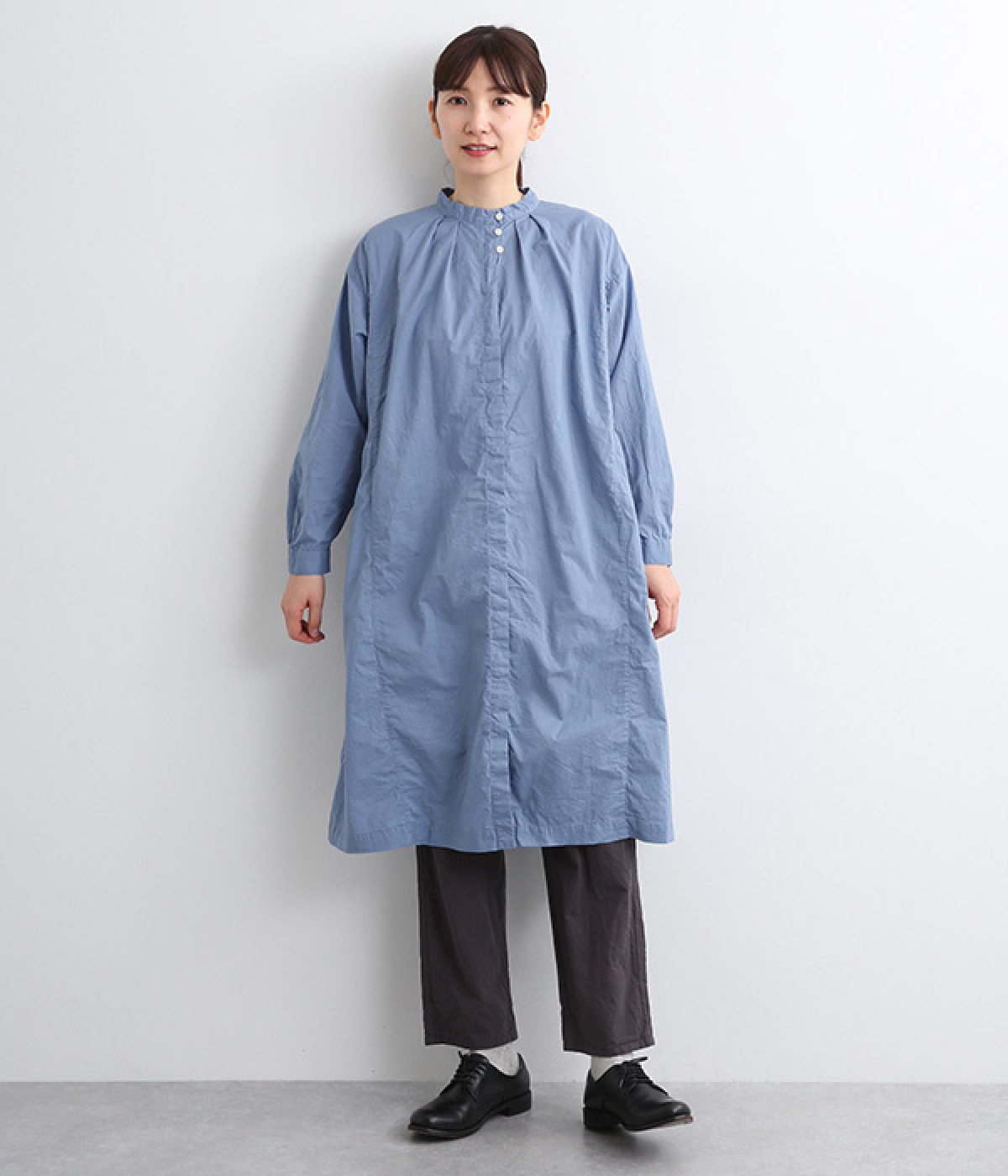 コットンローン日本製品染切替えシャツワンピース(ヒヤシンスブルー-ONESIZE)