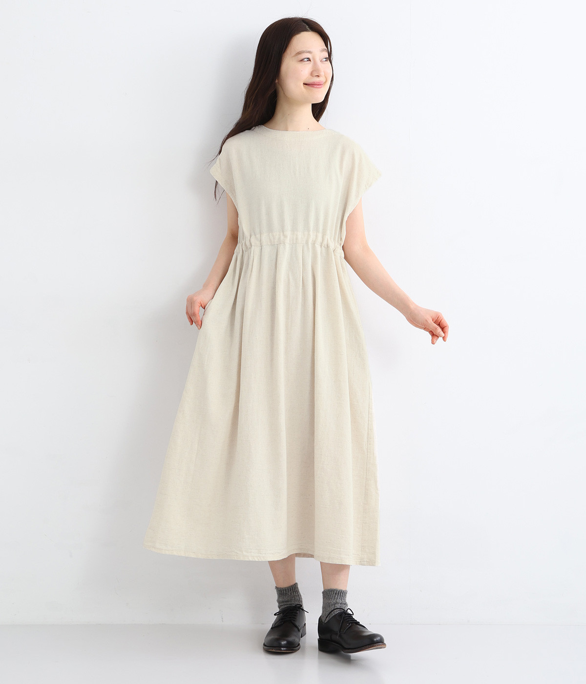 コットンリネン綾織切替タックワンピース(ダンガリーキナリ-ONESIZE)