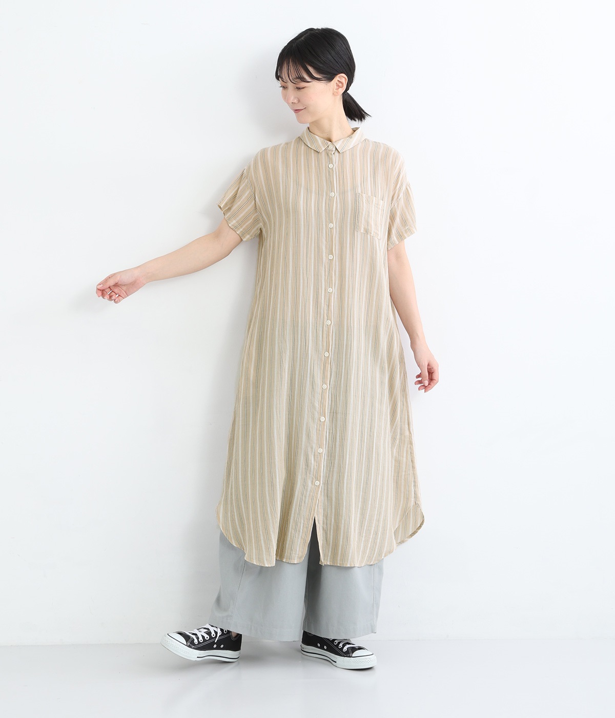 コットンガーゼストライプワンピース(ベージュ-ONESIZE)