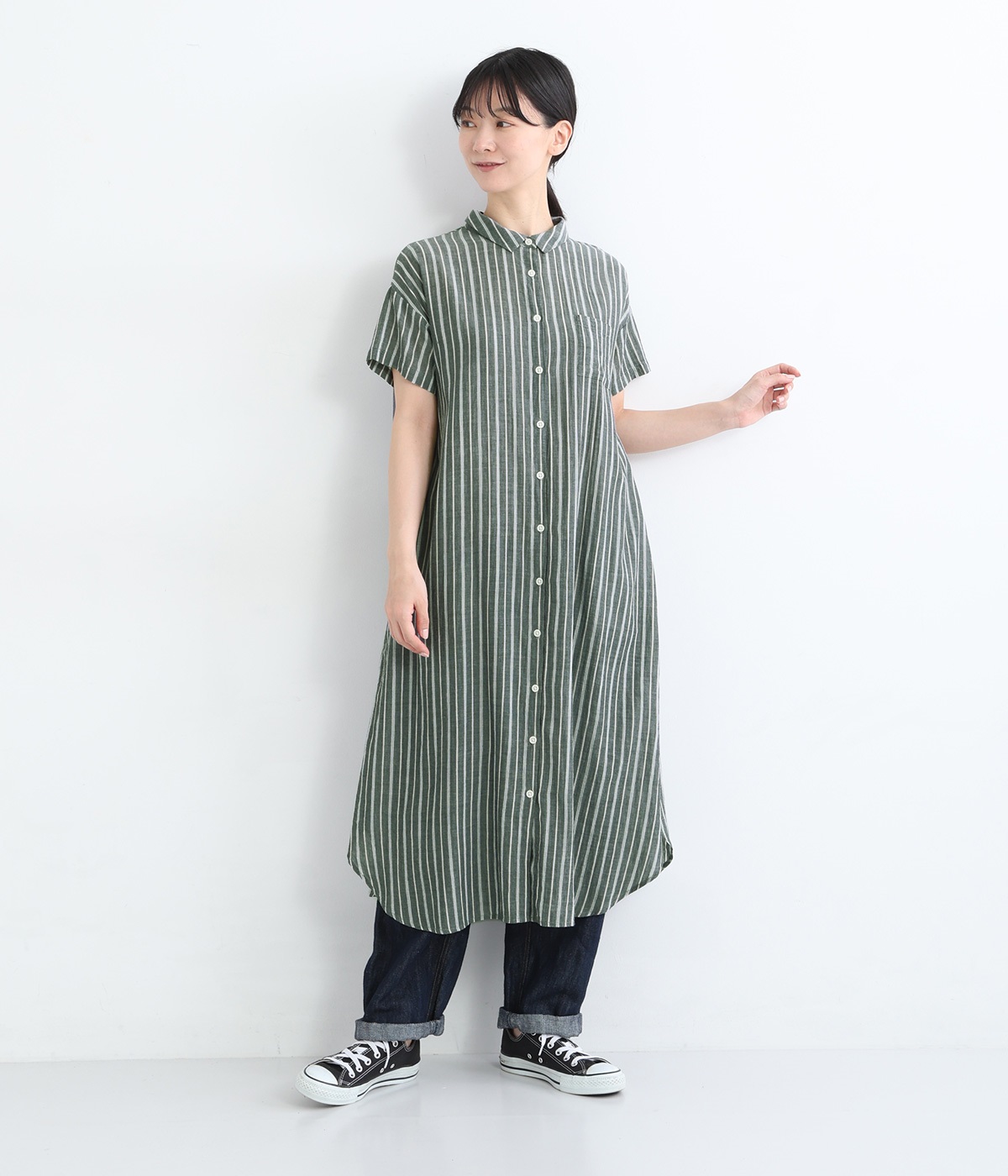 コットンガーゼストライプワンピース(ダークネイビー-ONESIZE)