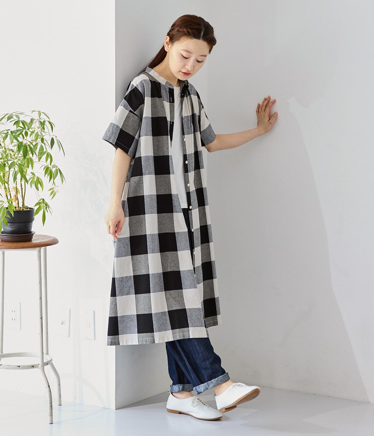 コットン平織ブロックチェックワンピース(クロ-ONESIZE)