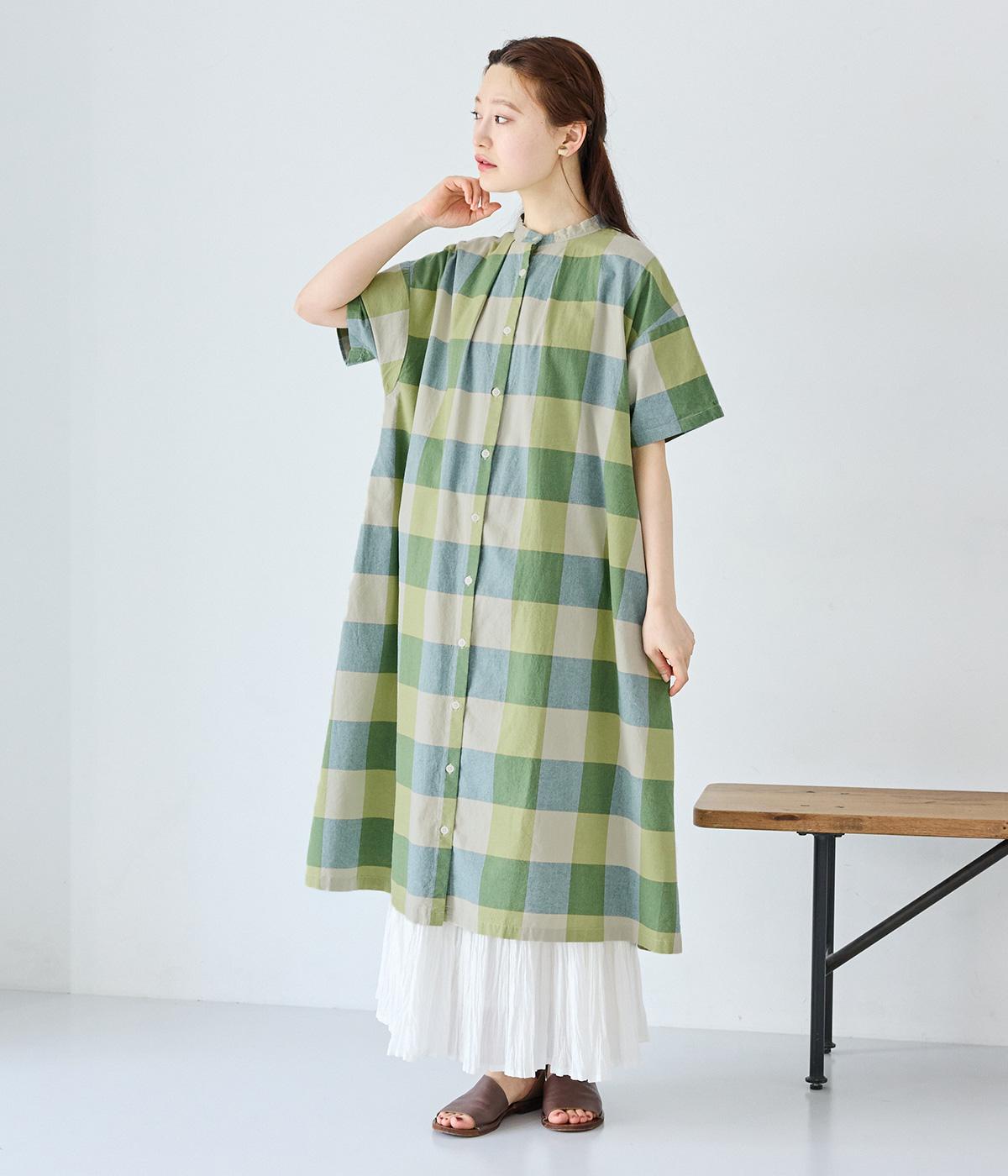コットン平織ブロックチェックワンピース(ピスタチオ-ONESIZE)