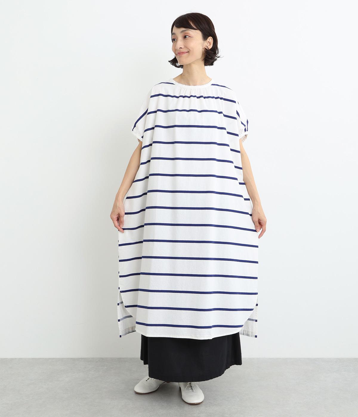 コットン織柄ボーダーバックポケットワンピース(オフシロ-ONESIZE)