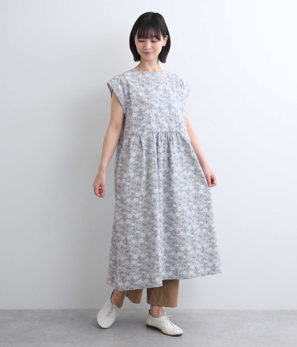 コットン平織総柄プリント　ノースリーブ2wayワンピース(ライトブルー-ONESIZE)